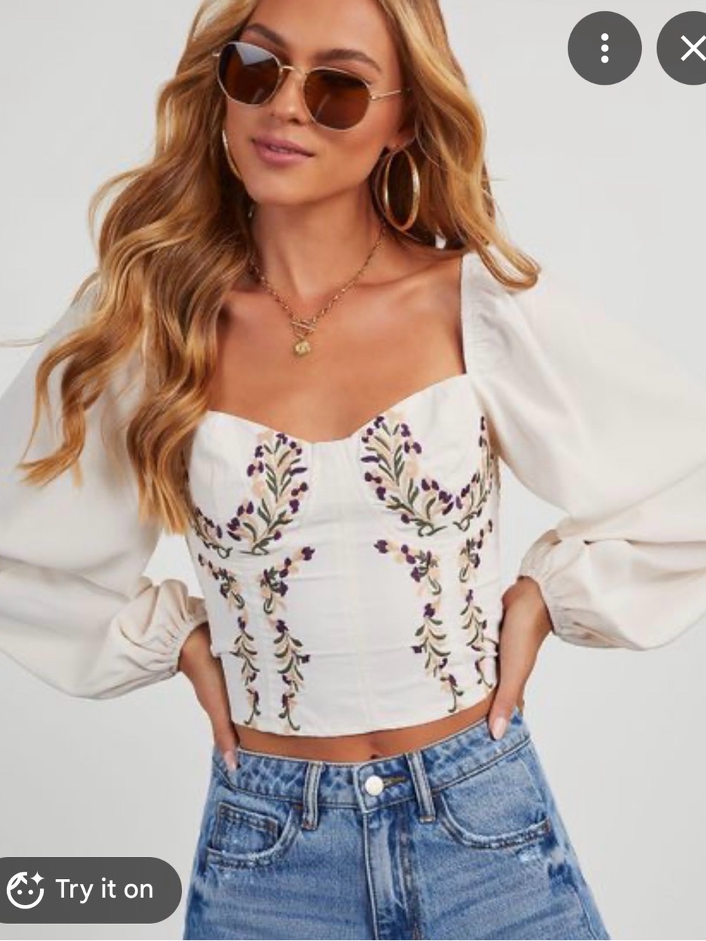 Vici Cream Embroidered Puff-Sleeve Cropped Top